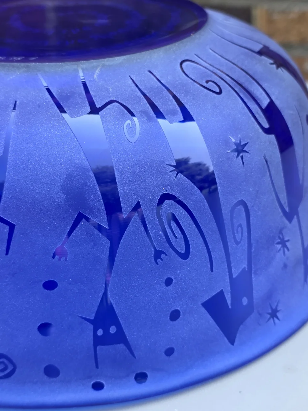Leandra Drumm Etched Blue Glass Bowl with Whimsical Figures 9